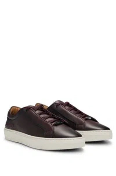 Hugo Boss Gary Burnished-leather Trainers With Hidden Laces In Dark Red