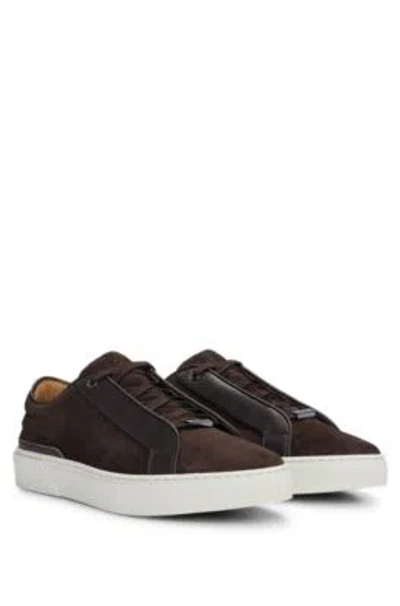 Hugo Boss Gary Italian-made Trainers In Leather And Suede In Dark Brown