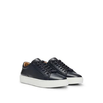 Hugo Boss Gary Tenn Mens Leather Low-top Trainers With Branded Lace Loop Nos In Dark Blue 401
