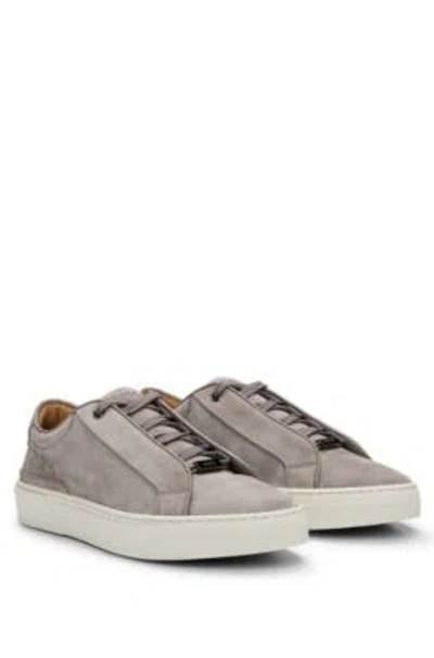Hugo Boss Gary Suede Low-top Trainers With Branded Lace Loop In Grey