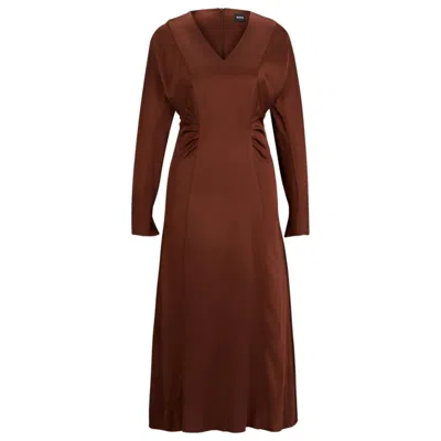 Hugo Boss Gathered-detail Regular-fit Dress In Soft Satin In Brown