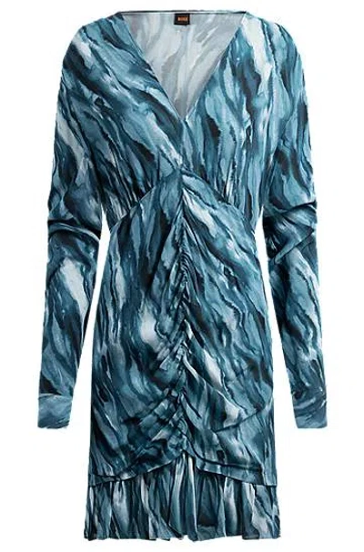 Hugo Boss Gathered-front Dress With Marble-effect Print In Blue