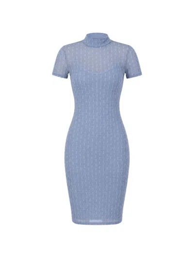 Hugo Boss Geometric-mesh High-neck Mini Dress In Blue