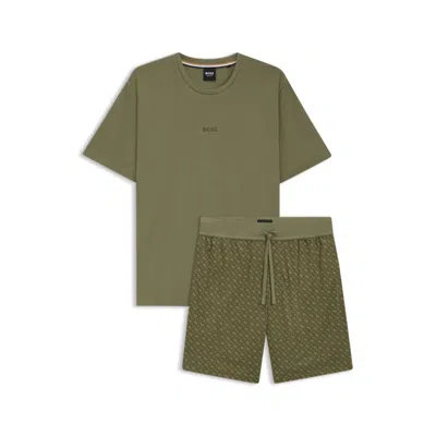 Hugo Boss Gift-boxed Pajamas In Cotton With Logo And Monograms In Green