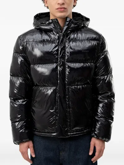 Hugo Boss Glossy-finish Hooded Puffer Jacket In Black