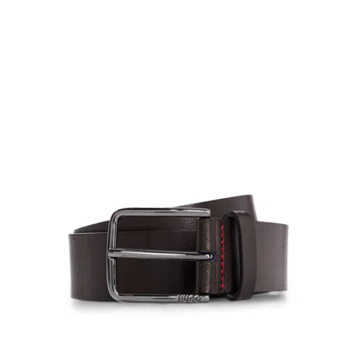 Hugo Boss Grained Leather Belt With Red Stitching In Brown