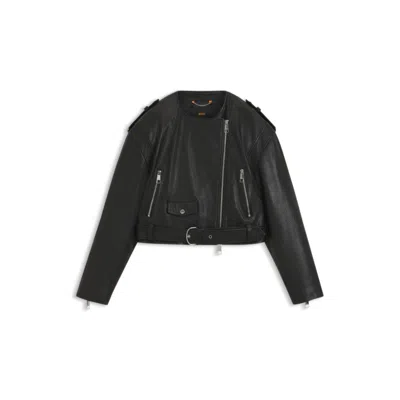 Hugo Boss Grained-leather Biker Jacket With Cropped Length In Black
