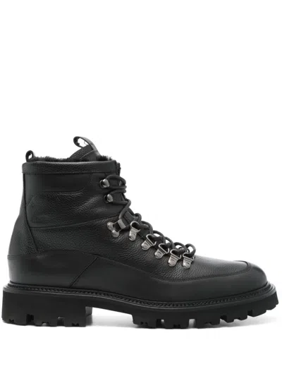 Hugo Boss Grained-leather Lace-up Boots With Fluffy Lining In Black