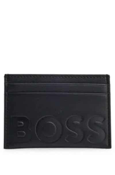 Hugo Boss Grained-leather Card Holder With Embossed Logo In Black