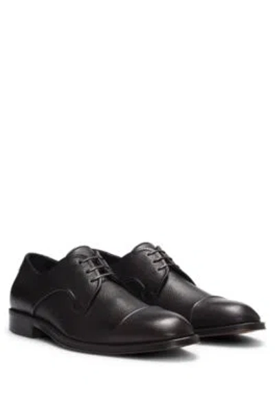 Hugo Boss Grained-leather Derby Shoes With Anti-slip Sole In Dark Brown