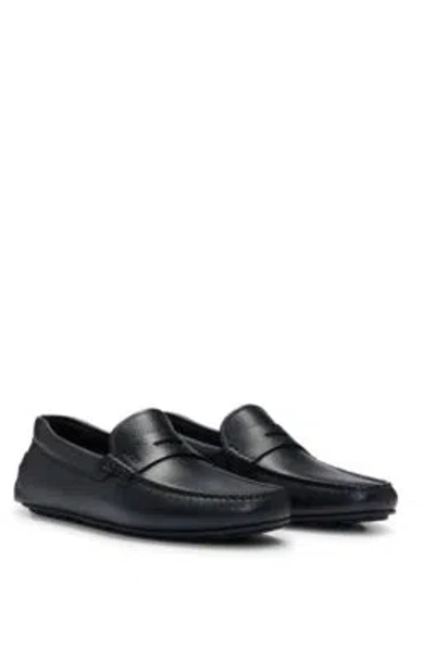 HUGO BOSS GRAINED-LEATHER DRIVER MOCCASINS WITH LOGO STRAP