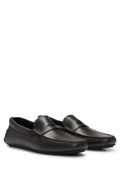 Hugo Boss Grained-leather Driver Moccasins With Logo Strap In Dark Brown