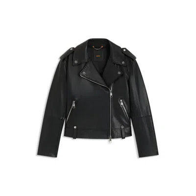 Hugo Boss Grained-leather Jacket With Silver-tone Trims In Black