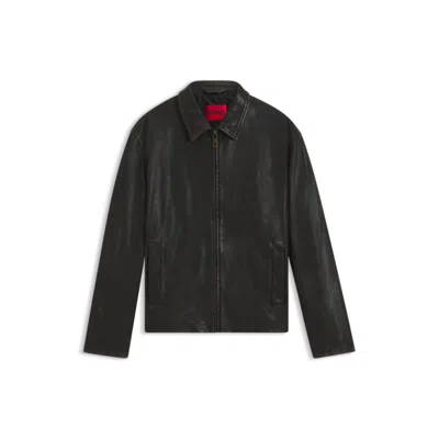 Hugo Boss Grained-leather Jacket With Topstitching In Black