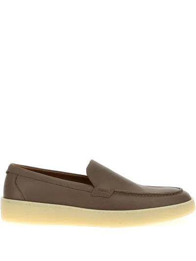 Hugo Boss Grained-leather Loafers In Brown