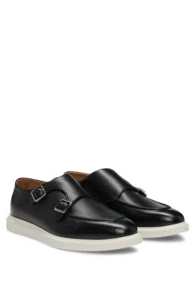 Hugo Boss Grained-leather Monk Shoes With Double Strap In Black