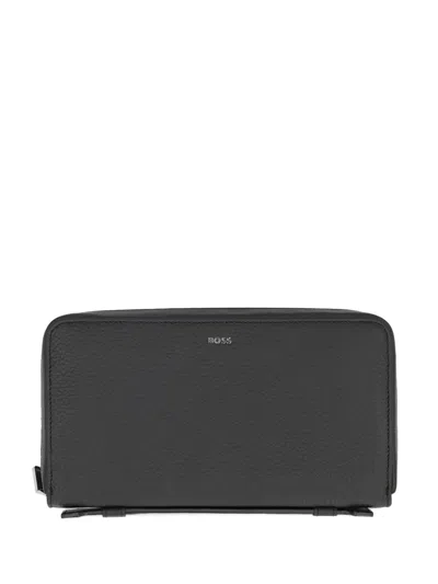 Hugo Boss Grained Leather Zip-around Wallet In Black