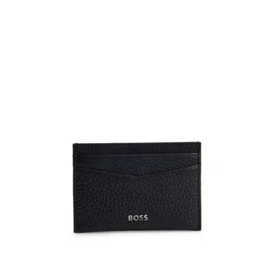 Hugo Boss Grained-leather Card Holder With Metal Logo In Black