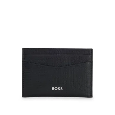 Hugo Boss Grained-leather Card Holder With Polished Logo Lettering In Black