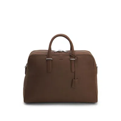 Hugo Boss Grained-leather Duffel Bag With Embossed Logo In Brown