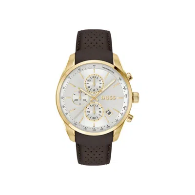 Hugo Boss Grand Prix 44 Gold-tone Chronograph Watch With Perforated Leather Strap In Brown