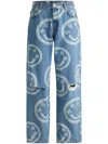 Hugo Boss Baggy-fit Distressed Jeans With Happy Hugo Print In Blue