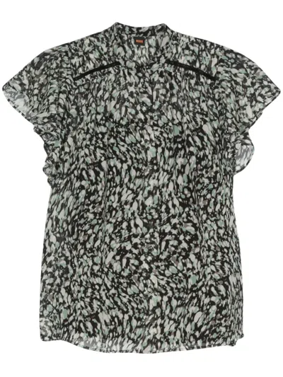 Hugo Boss Graphic-print Ruched-detail Shirt In Green