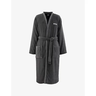Hugo Boss Graphite Edge Brand-embroidered Cotton Bathrobe In Gray