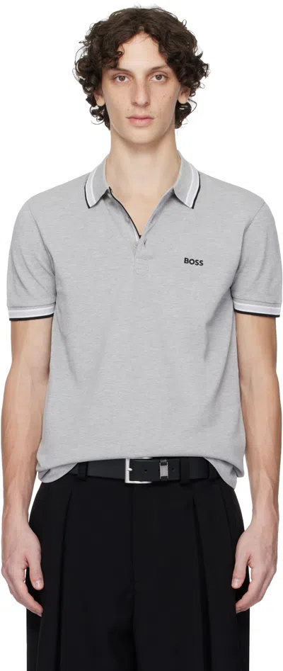 Hugo Boss Gray Paddy Cotton Piqué Logo Undercollar Polo