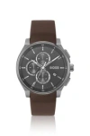 Hugo Boss Gray-plated Chronograph Watch With Leather Strap Men's Watches In Assorted-pre-pack