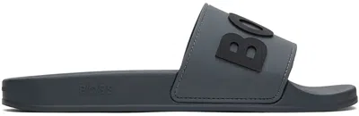 Hugo Boss Grey Raised Logo Slides In 021-dark Grey