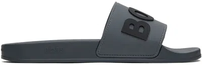 Hugo Boss Gray Raised Logo Slides In 021-dark Grey