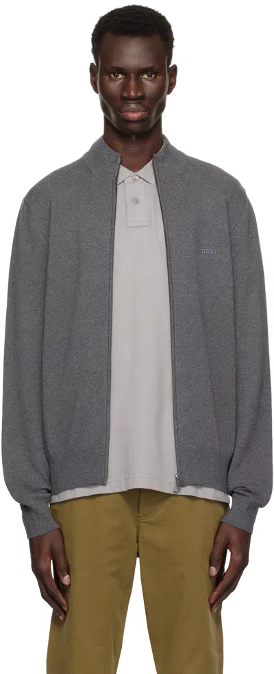 Hugo Boss Grey Zip-up Embroidered Logo Jumper In 030-medium Grey