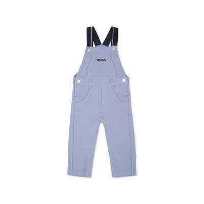 Hugo Boss Grey Dungarees For Baby Boy With Logo In Light Blue