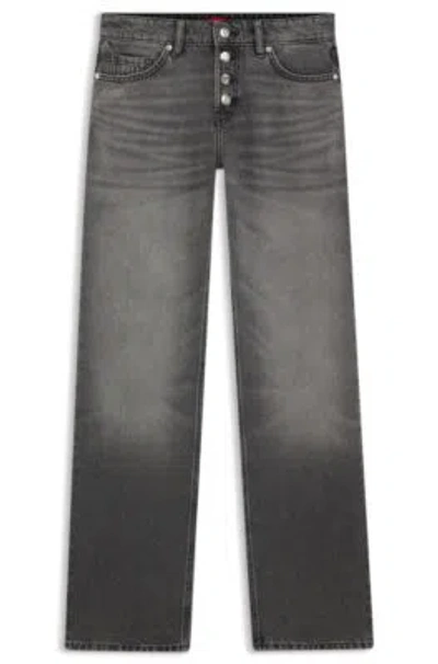 Hugo Boss Grey Straight-fit Jeans In Rigid Denim In Gray
