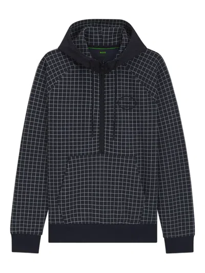 Hugo Boss Grid-pattern Half-zip Hoodie In Gray