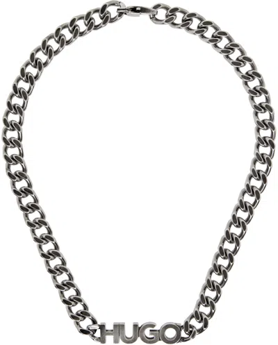Hugo Boss Gunmetal Logo Plaque Necklace In Silver 041