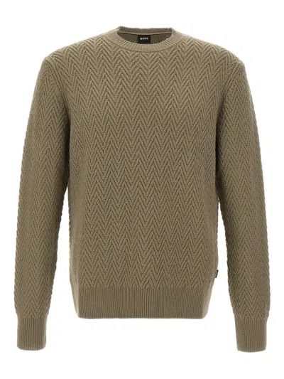 Hugo Boss H-hitalo Herringbone Round-neck Sweater In Green