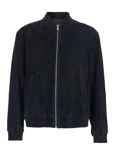 Hugo Boss Blue Jacket With Mandarin Collar And Two Welt Pockets On The Front In Suede Man