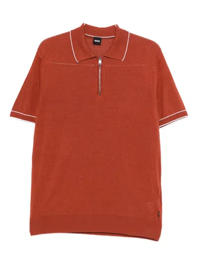 Hugo Boss Half-zip Knitted Polo Shirt In Brown