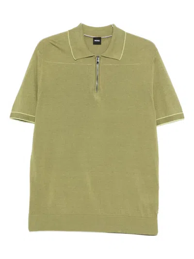 Hugo Boss Half-zip Linen Polo Shirt In Green