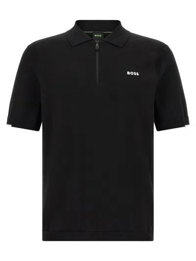 Hugo Boss Half-zip Cotton Knit Polo Shirt In Black