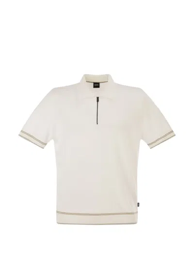 Hugo Boss Boss Linen And Viscose Polo Shirt With Zip And Contrast Trims In Neutral