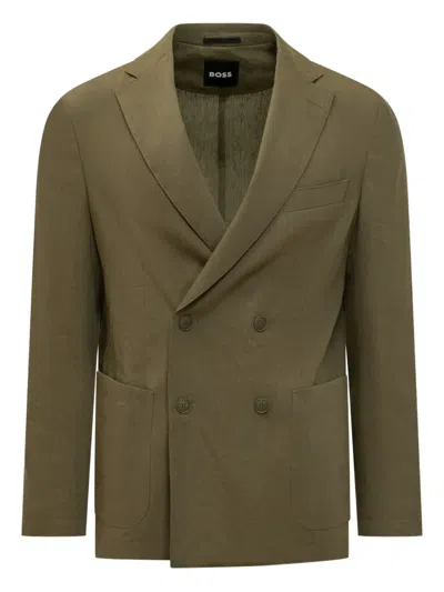 Hugo Boss Boss Double-breasted Linen Blend Jacket In Animal Print