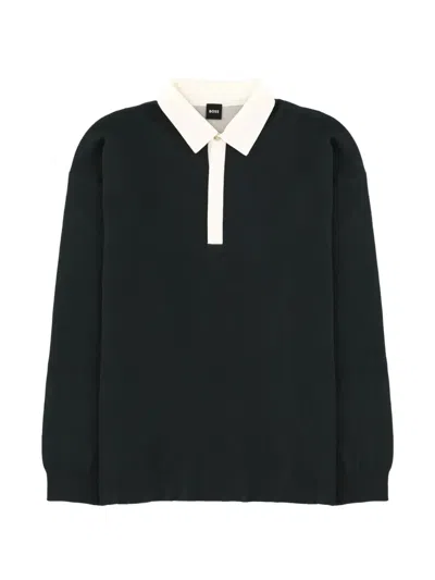Hugo Boss H-cenito Contrast-collar Long-sleeved Polo Shirt In Black