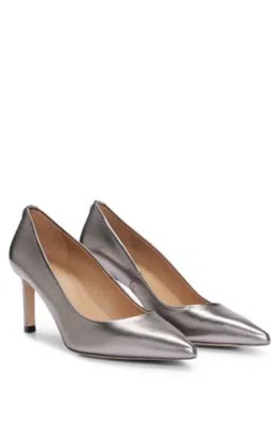 Hugo Boss Heeled Pumps In Laminated Leather In Silver