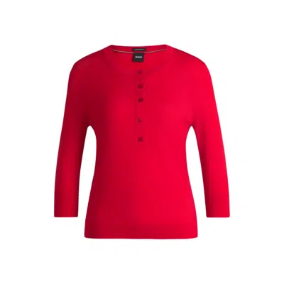 Hugo Boss Henley-neck Sweater In Merino Wool In Red
