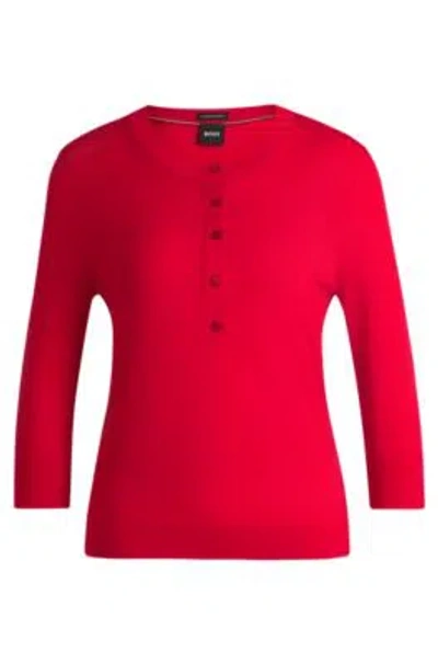 Hugo Boss Henley-neck Sweater In Merino Wool In Red