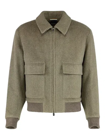 Hugo Boss Herringbone Bomber Jacket In Green