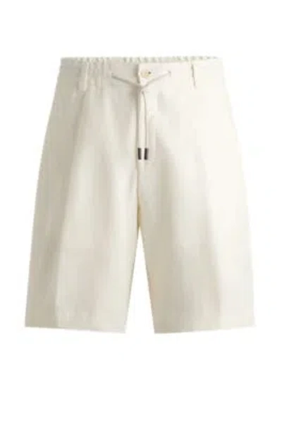 Hugo Boss Herringbone-linen Shorts With Front Pleats And Drawcord In White
